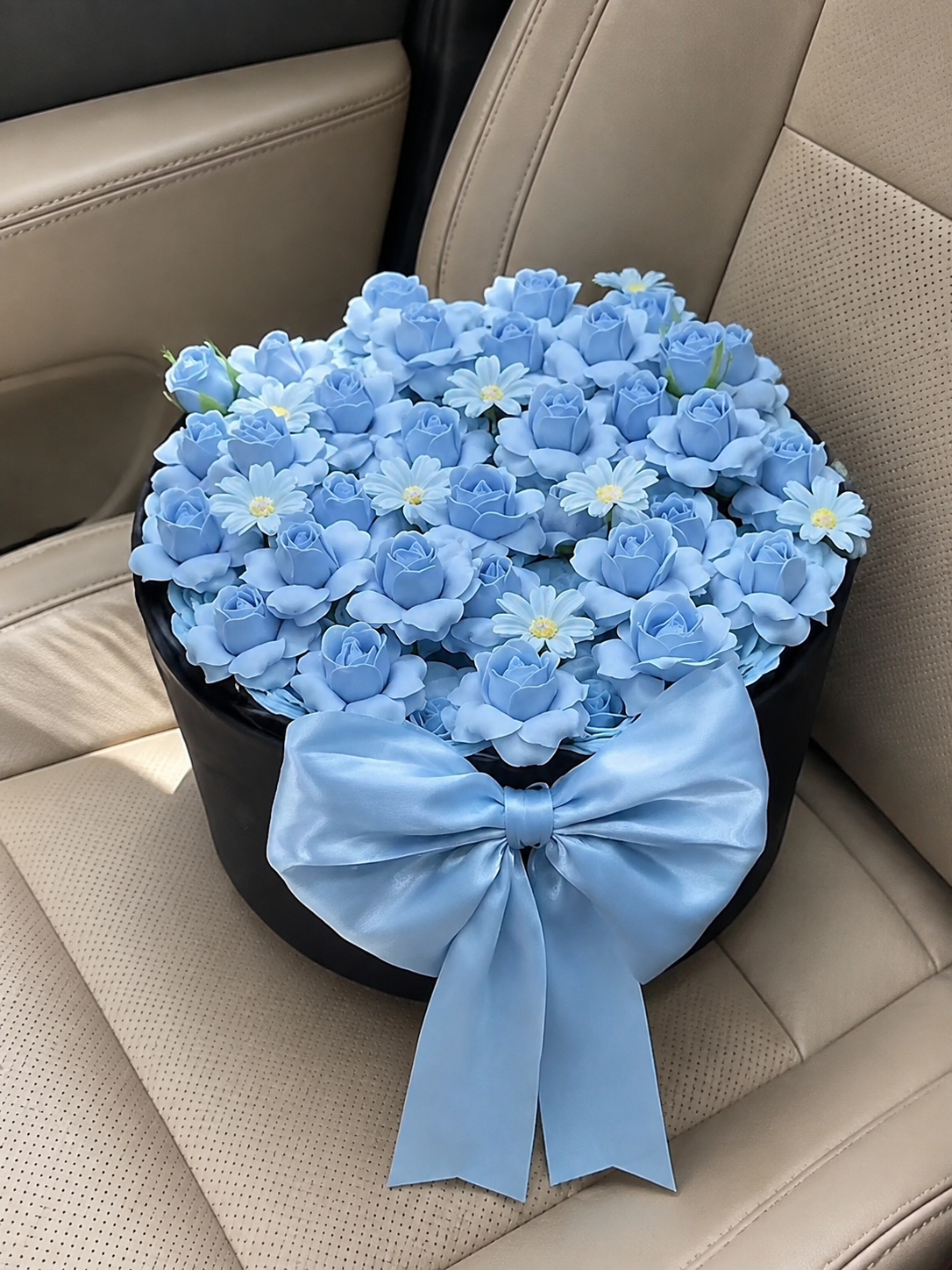 Blue Hydrangea Grand Satin Bouquet, high-angle car view; AI design illustration
