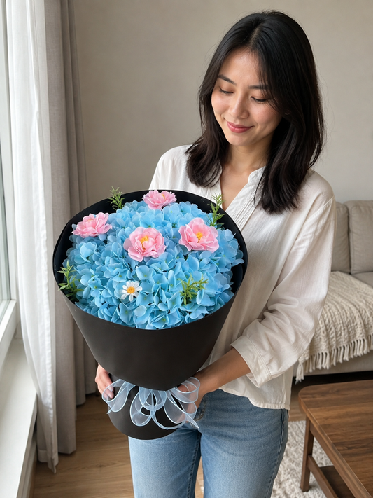 Blue Hydrangea Pink Rose Midnight Bouquet, person-held angled view; AI design illustration