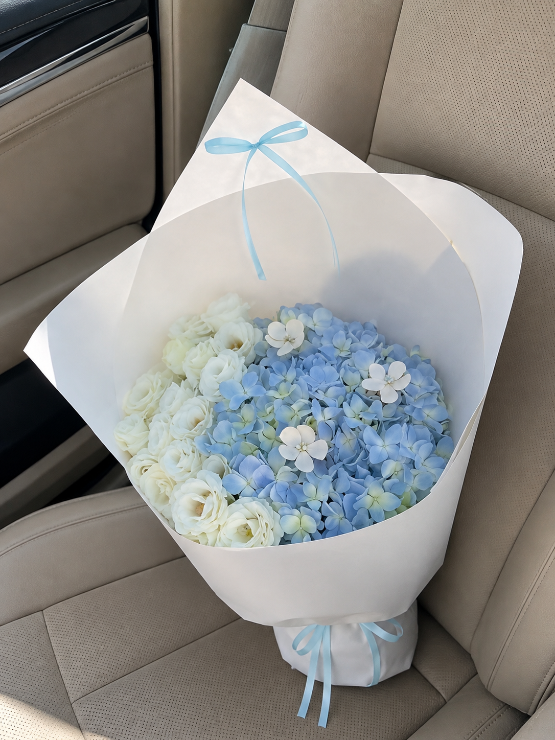 Blue Ivory Hydrangea Garden Bouquet, high-angle car view; AI design illustration
