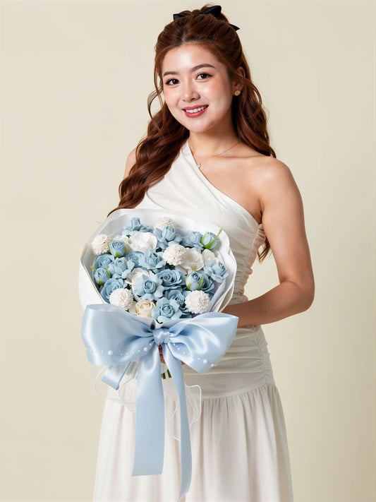 Nguyen Lan holding Blue Satin Rose Garden Bouquet, Medium; AI lifestyle illustration