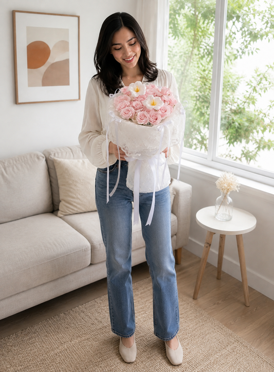 Blush Ivory Frangipani Rose Bouquet, person-held angled view; AI design illustration