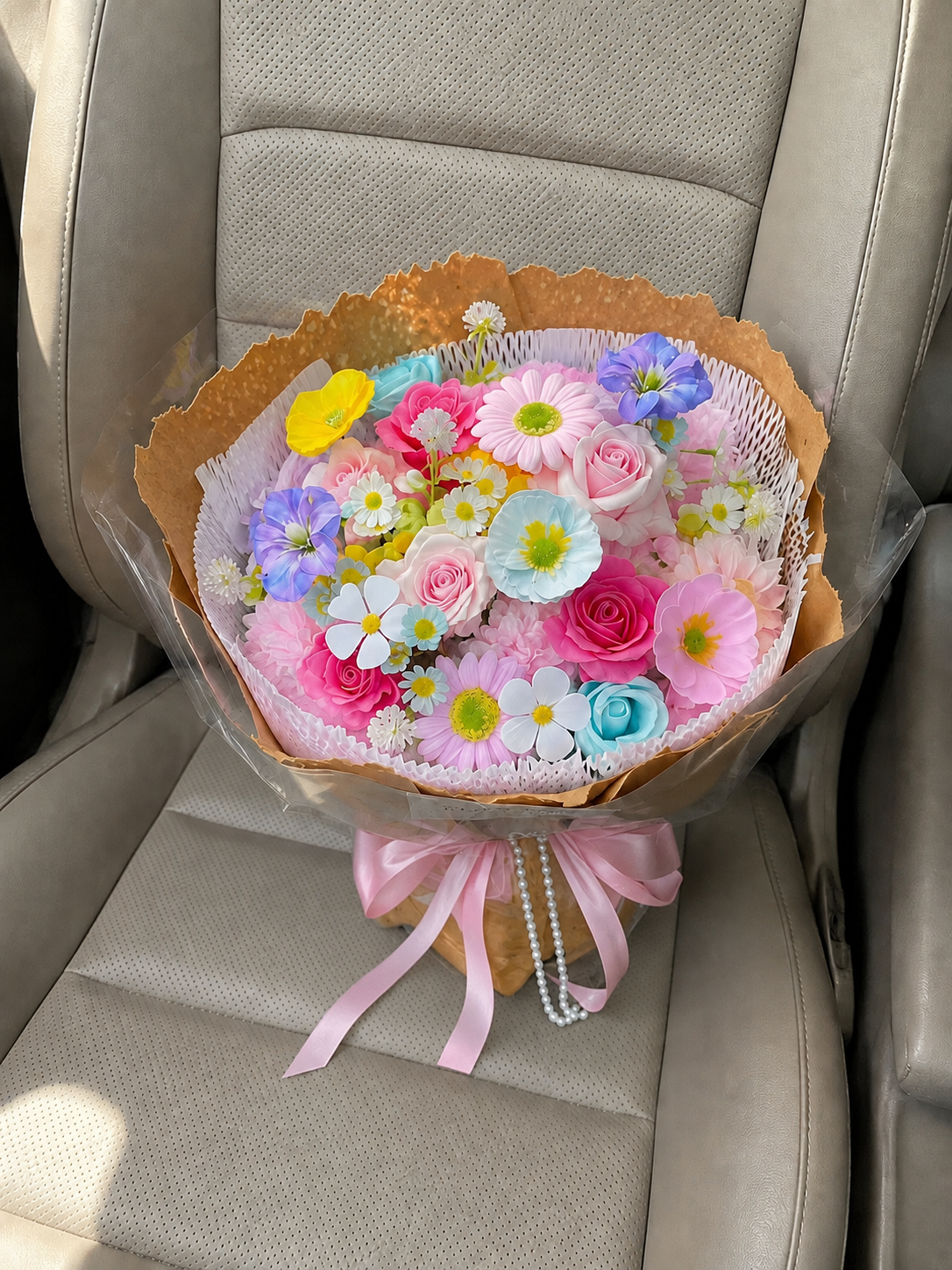 Country Meadow Color Bouquet, high-angle car view; AI design illustration