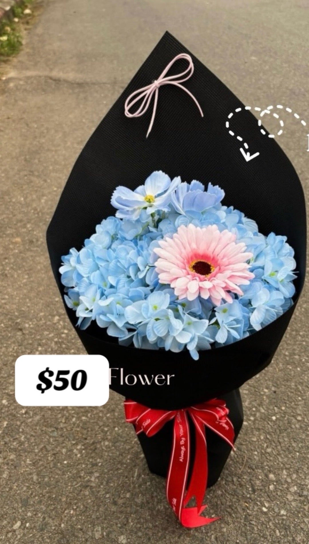 Blue Hydrangea Pink Daisy Mini Bouquet – design reference photo