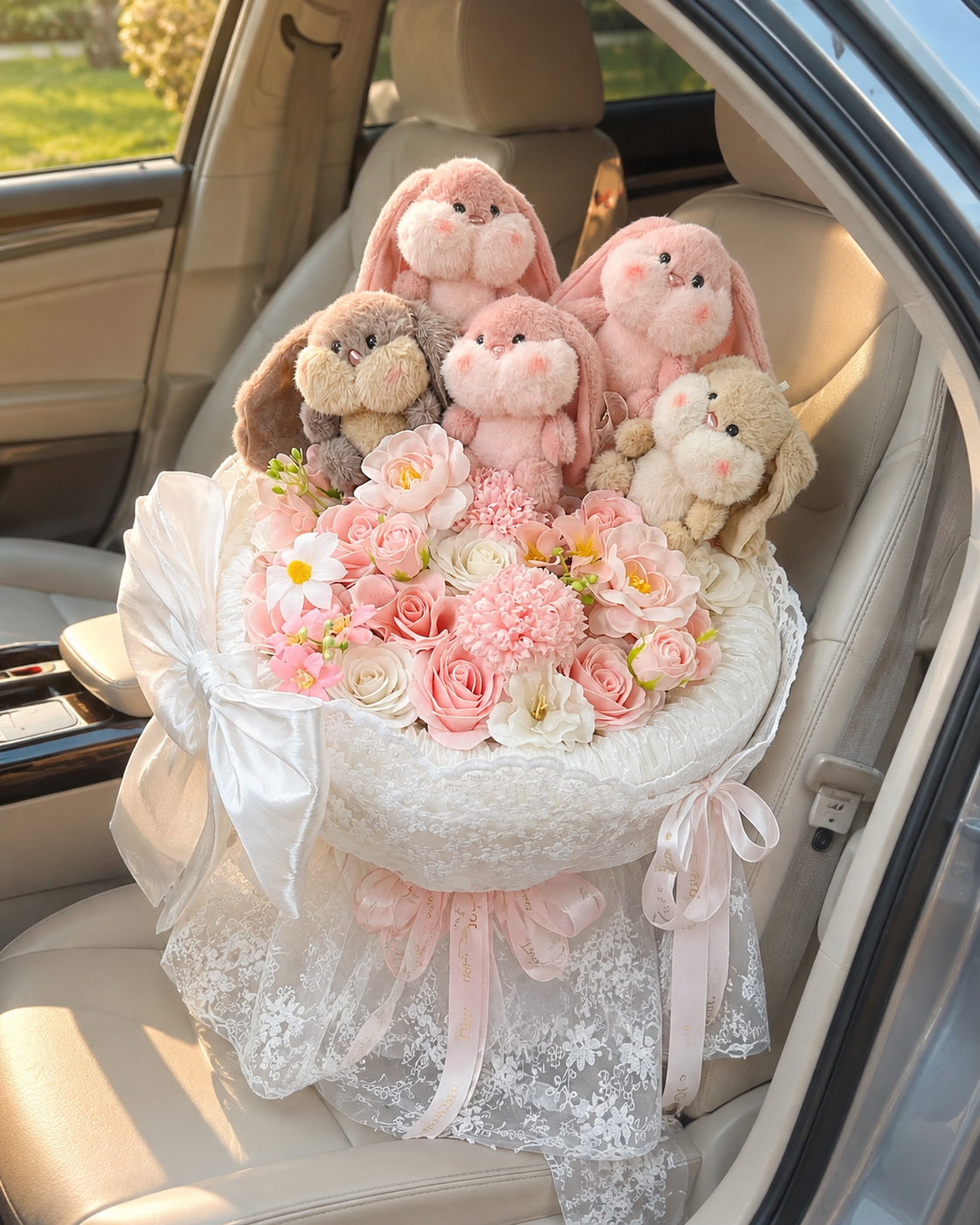 Bunny Love Bouquet in white lace wrapping displayed on a cream car passenger seat