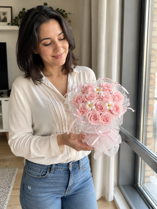 Petite Pink Rose Daisy Pearl Bouquet — angled person-held view; AI-assisted design illustration