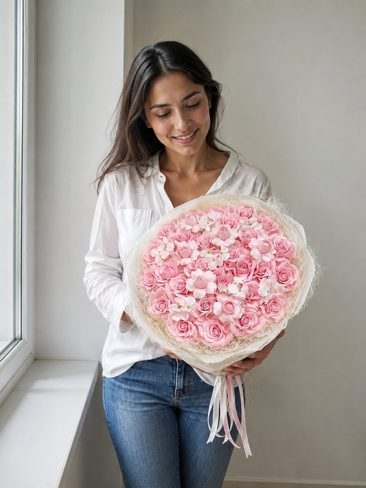 Pink Rose Blossom Halo Bouquet – AI-assisted model holding bouquet at an angle