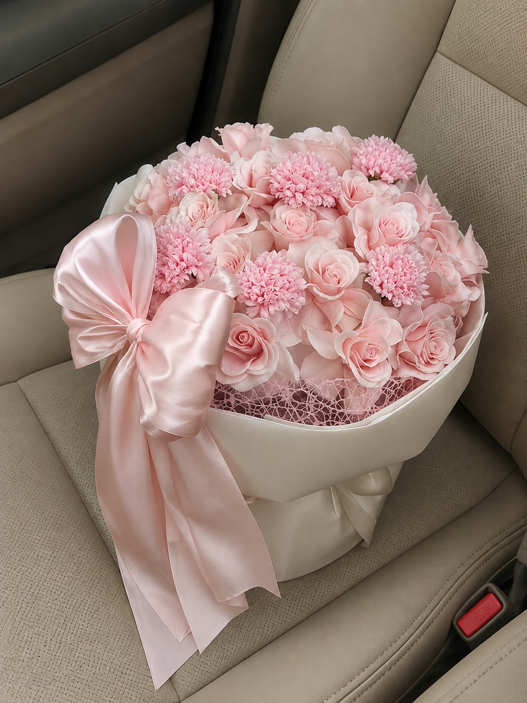 Pink Rose Carnation Velvet Bouquet – high-angle bouquet on parked car seat
