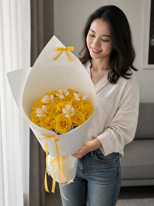 Golden Rose Frangipani Bouquet, person-held angled view; AI design illustration