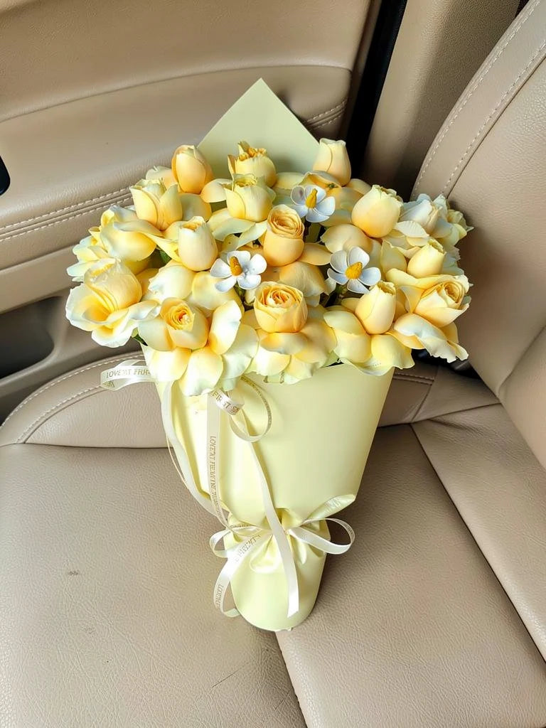 Golden Tulip Blossom Bouquet, Medium, high-angle car-seat view; AI lifestyle illustration