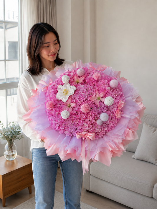 Grand Pink Hydrangea Celebration Bouquet, person-held angled view; AI design illustration