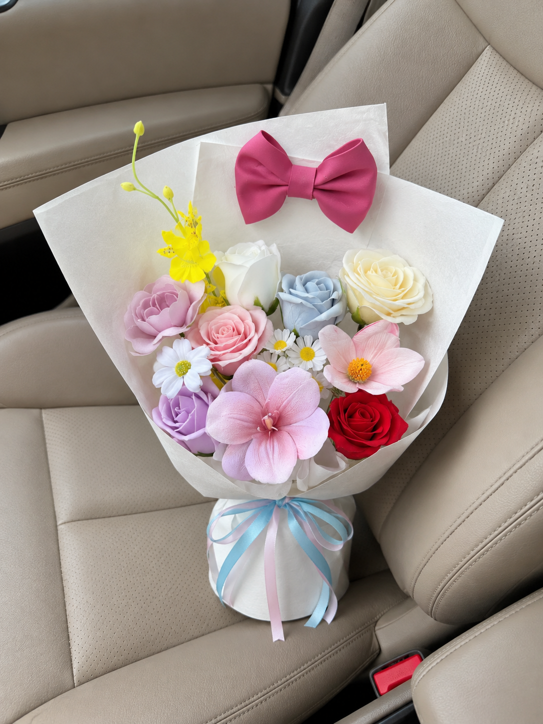 Pastel Bow Mini Garden Bouquet, high-angle car view; AI design illustration