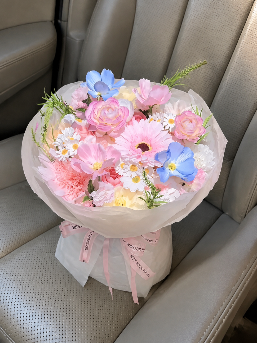 Pastel Daisy Sunshine Bouquet, high-angle car view; AI design illustration