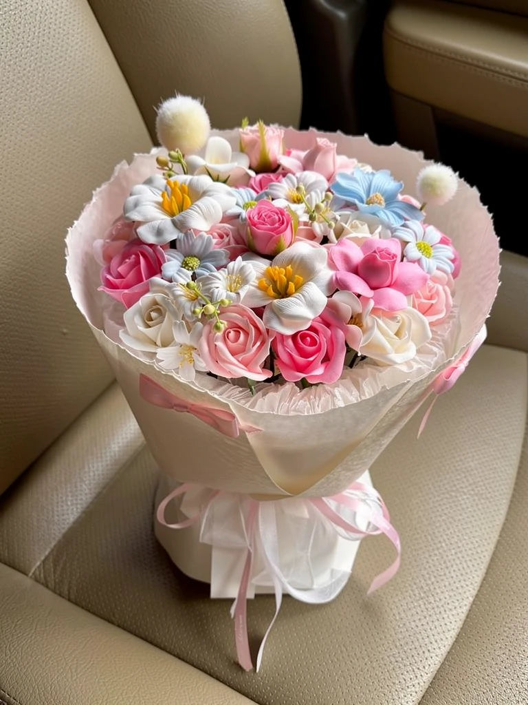 Pastel Posy Rose Bouquet, Medium, high-angle car-seat view; AI lifestyle illustration