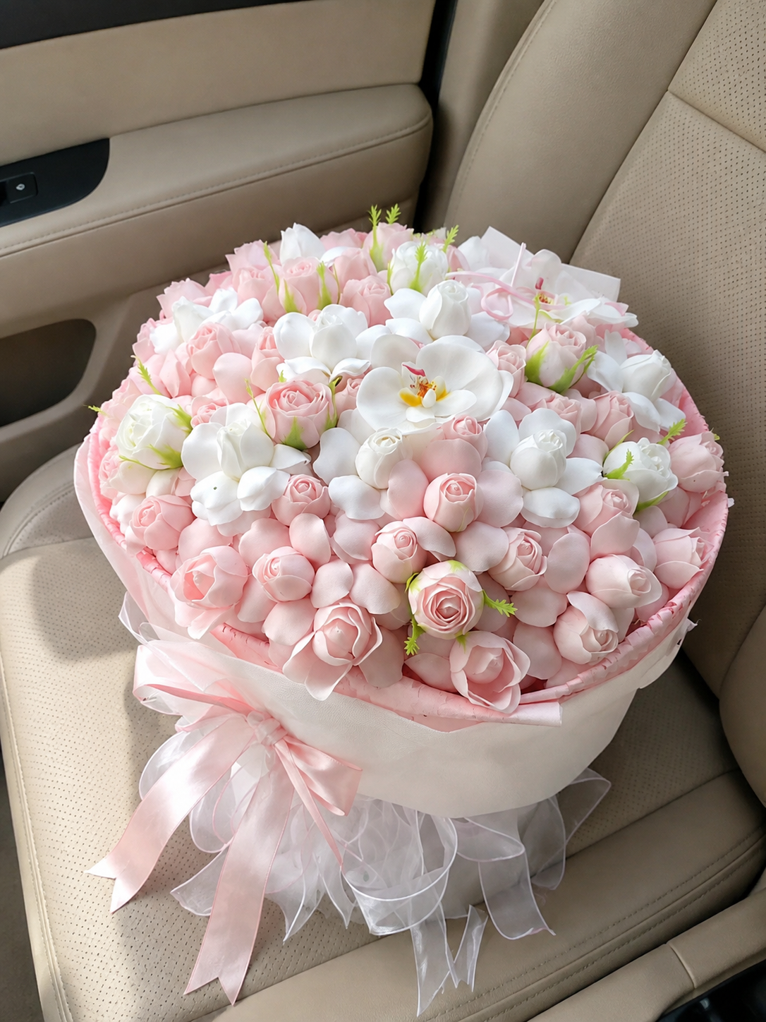 Pastel Tulip Blossom Grande Bouquet, high-angle car view; AI design illustration