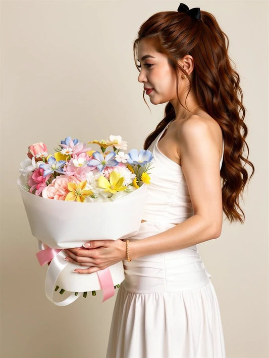 Nguyen Lan holding Pastel Wildflower Joy Bouquet, Medium; AI lifestyle illustration
