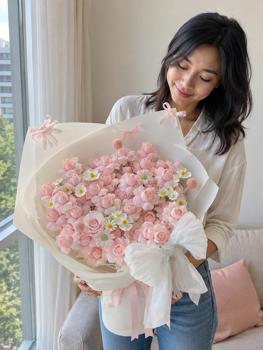 Pink Blossom Garden Ribbon Bouquet, person-held angled view; AI design illustration