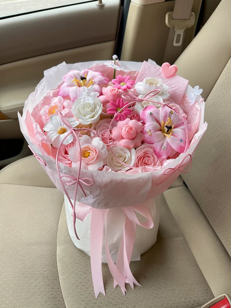 Pink Blossom Mixed Flower Bouquet, Medium, high-angle car-seat view; AI lifestyle illustration