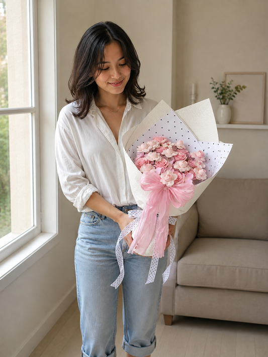 Pink Blossom Polka Dot Bouquet, person-held angled view; AI design illustration