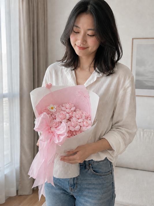 Pink Blossom Ribbon Bouquet, person-held angled view; AI design illustration