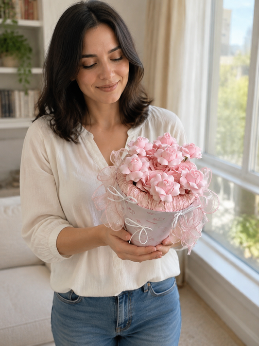 Pink Blossom Tulle Posy Bouquet — person view; AI-assisted design illustration
