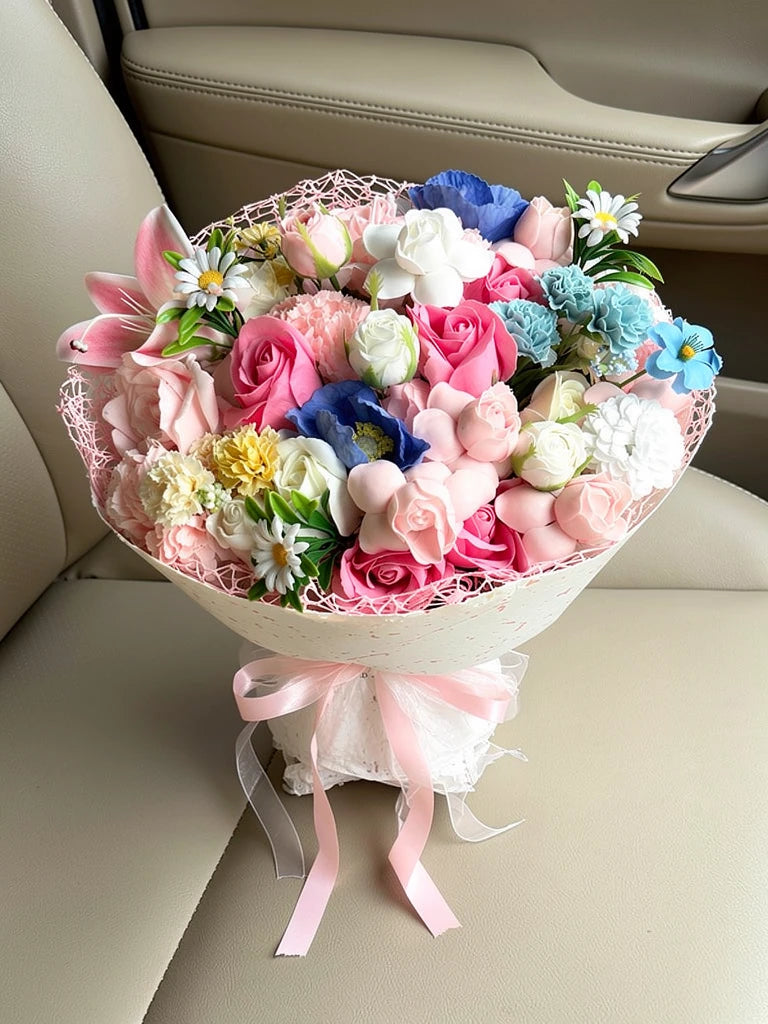 Pink Garden Mixed Rose Bouquet, Medium, high-angle car-seat view; AI lifestyle illustration