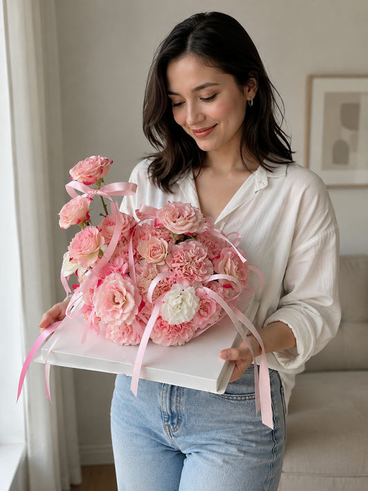 Pink Rose Birthday Flower Cake, person-held angled view; AI design illustration