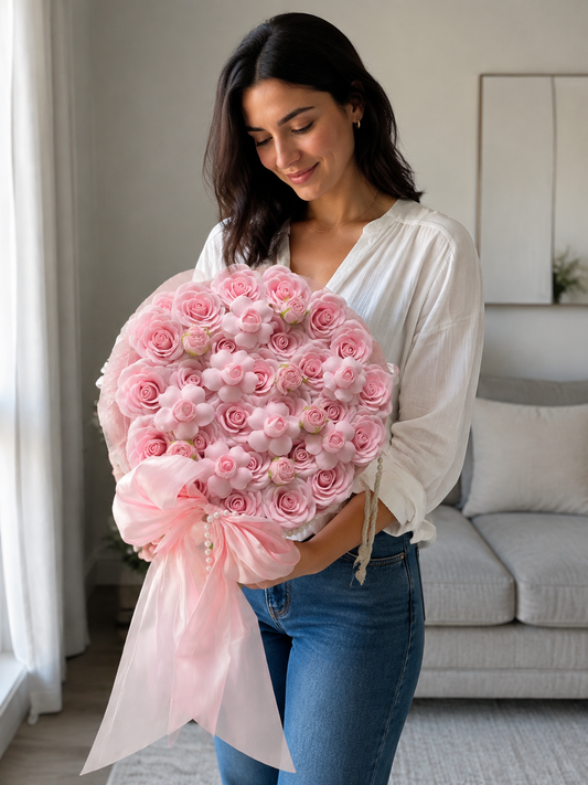 Pink Rose Blossom Grand Bow Bouquet, person-held angled view; AI design illustration