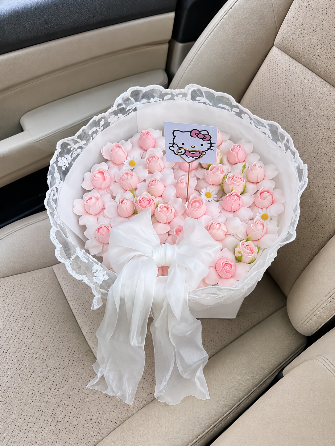 Pink Rose Character Accent Bouquet, high-angle car view; AI design illustration