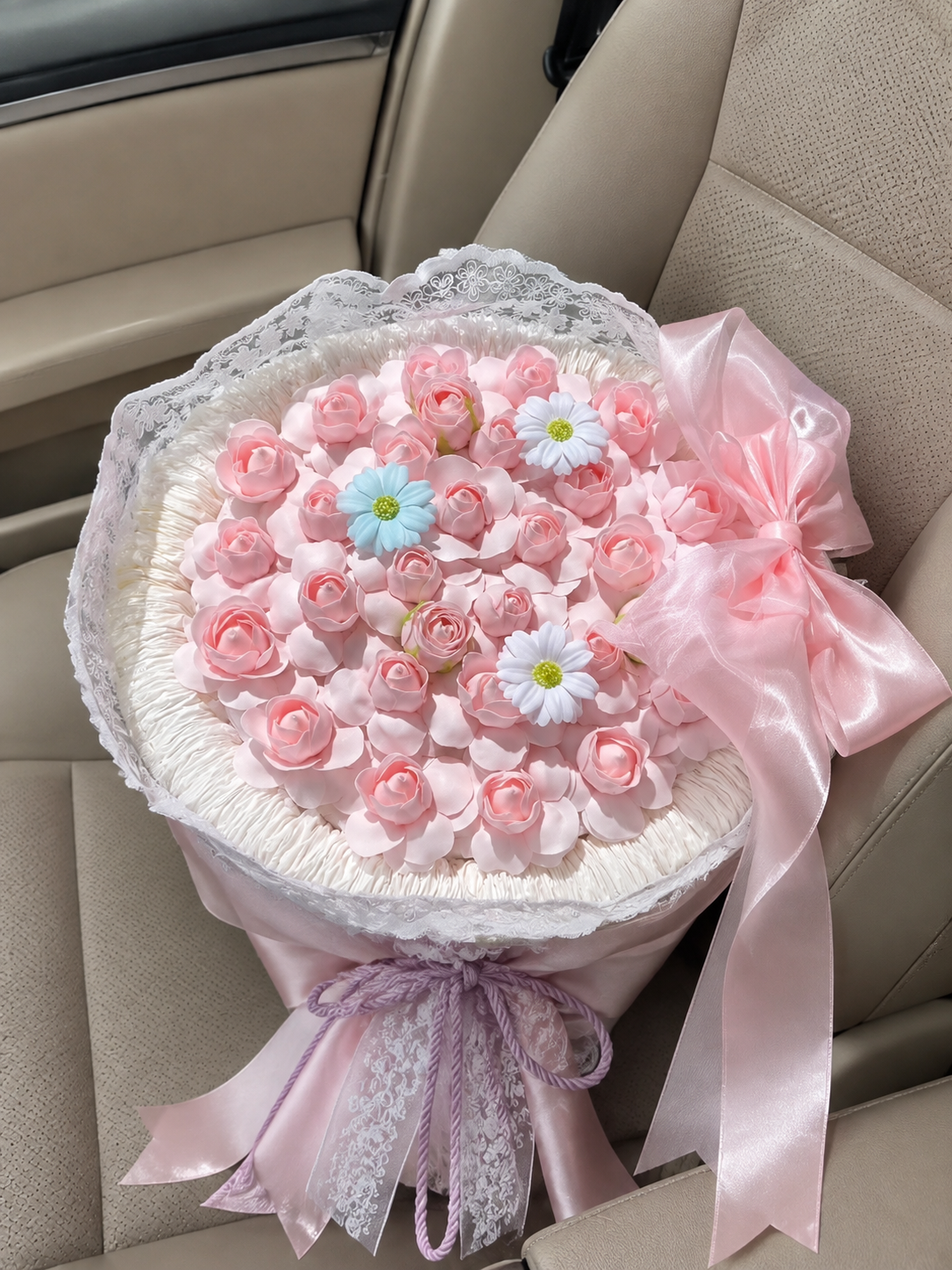 Pink Rose Daisy Grand Lace Bouquet, high-angle car view; AI design illustration