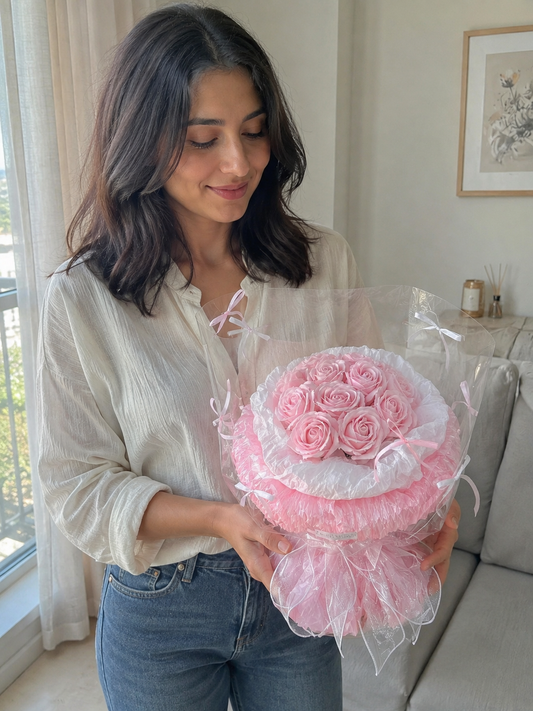 Pink Rose Tulle Posy, person-held angled view; AI design illustration