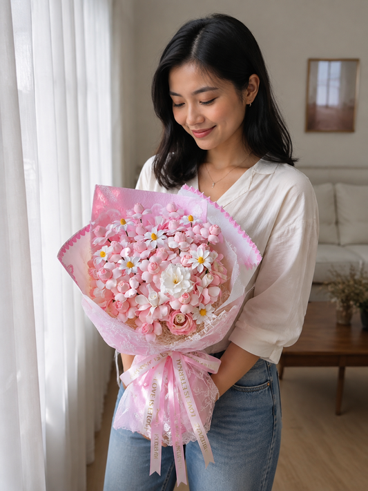 Pink Small Blossom Celebration Bouquet, person-held angled view; AI design illustration