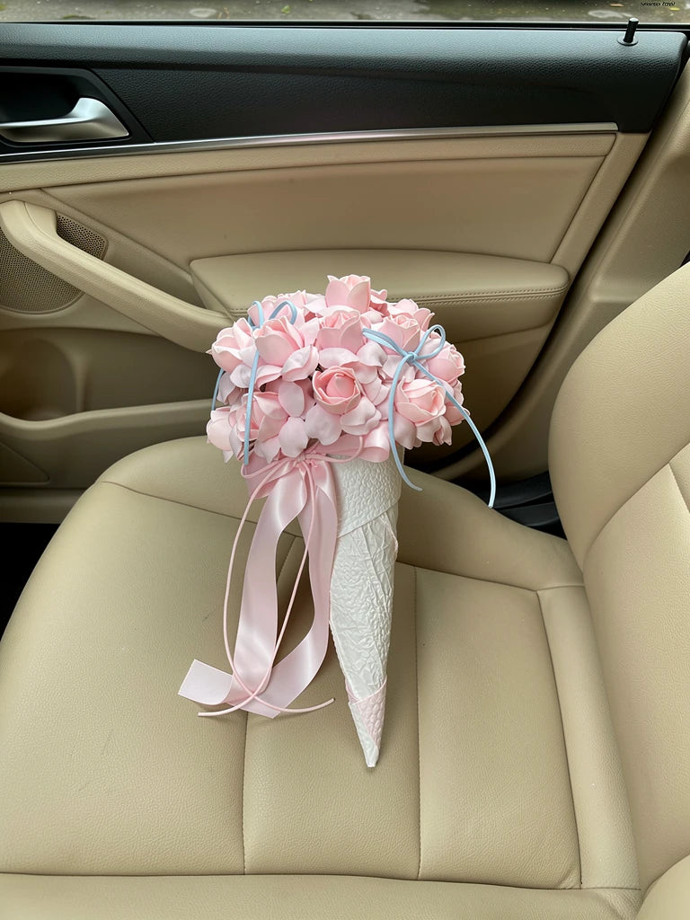 Pink Tulip Ribbon Small Bouquet, high-angle car-seat view; AI lifestyle illustration