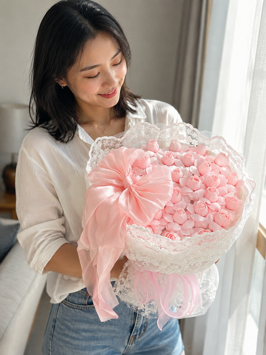 Pink Tulip Velvet Bow Lace Bouquet, person-held angled view; AI design illustration