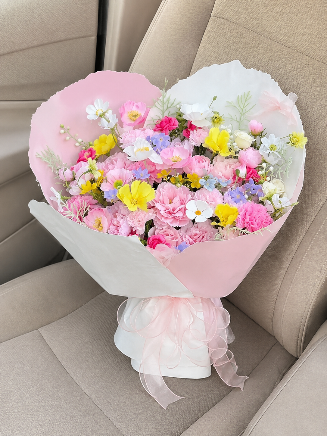 Rainbow Cottage Garden Bouquet, high-angle car view; AI design illustration