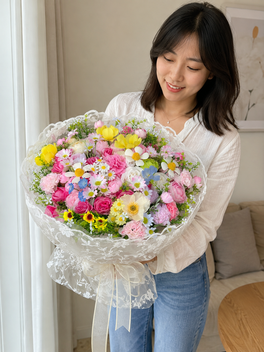 Rainbow Meadow Lace Bouquet, person-held angled view; AI design illustration