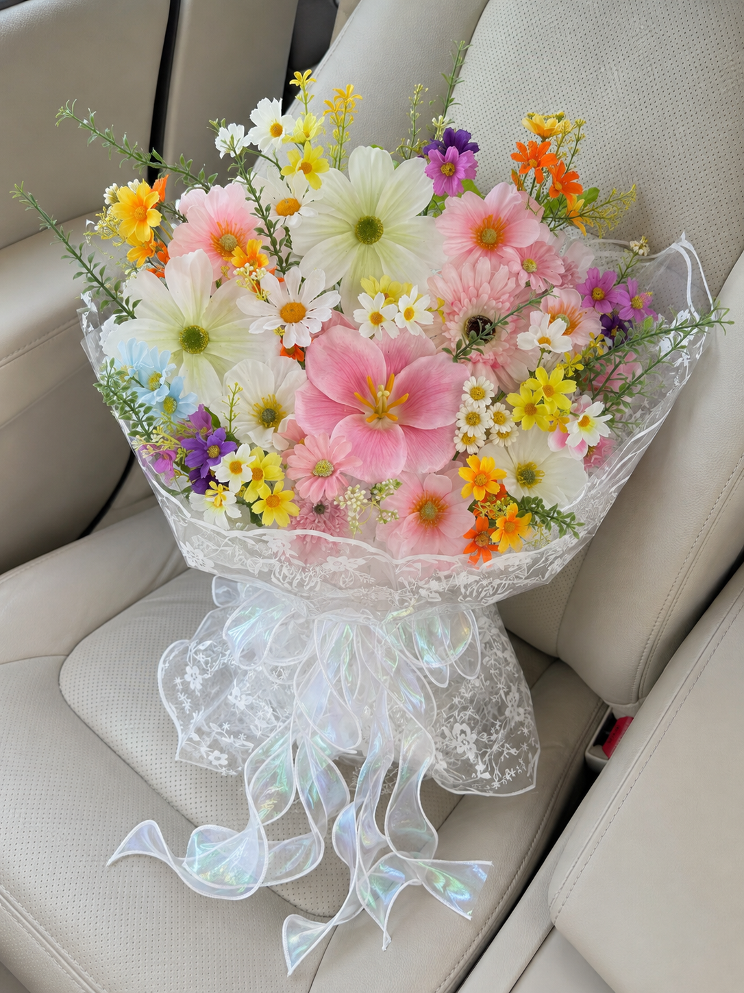 Sunlit Daisy Meadow Bouquet, car top view; AI design illustration