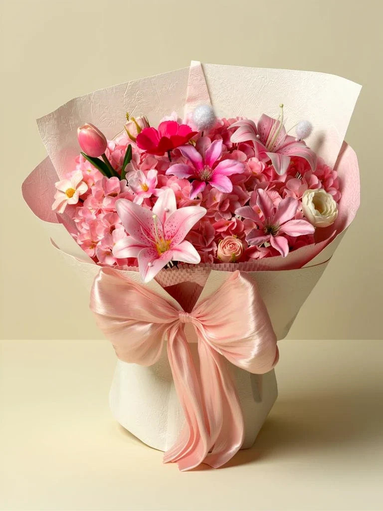 Pink Lily Hydrangea Bouquet; AI design illustration