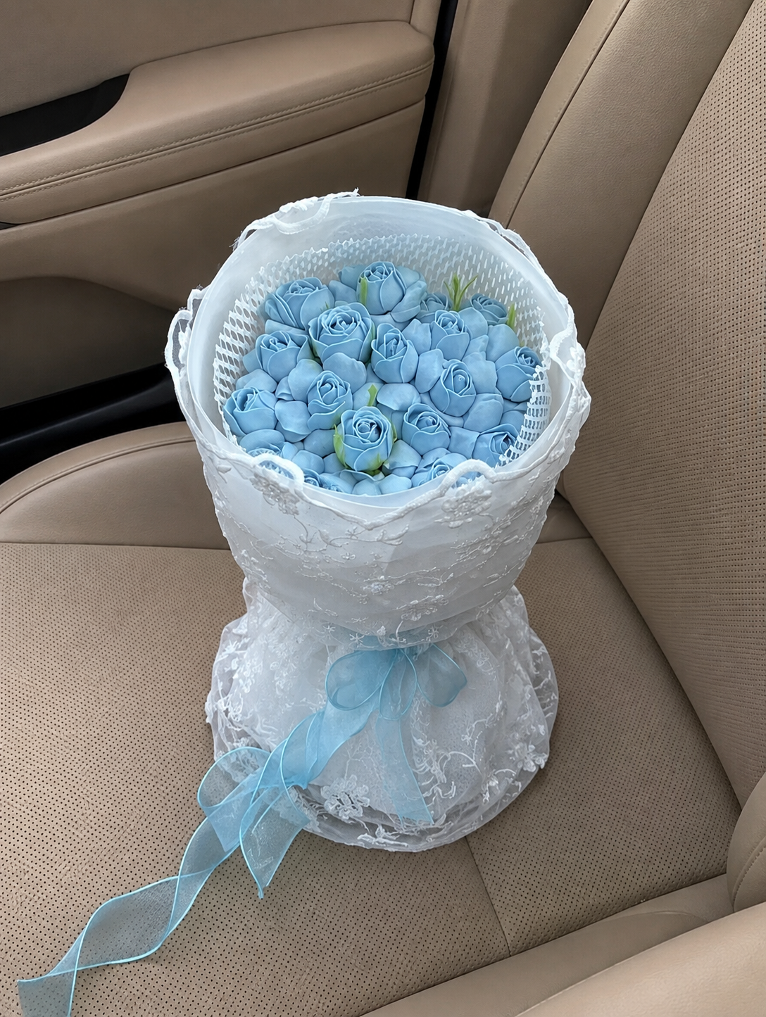Baby Blue Rose Small Bouquet, car top view; AI design illustration