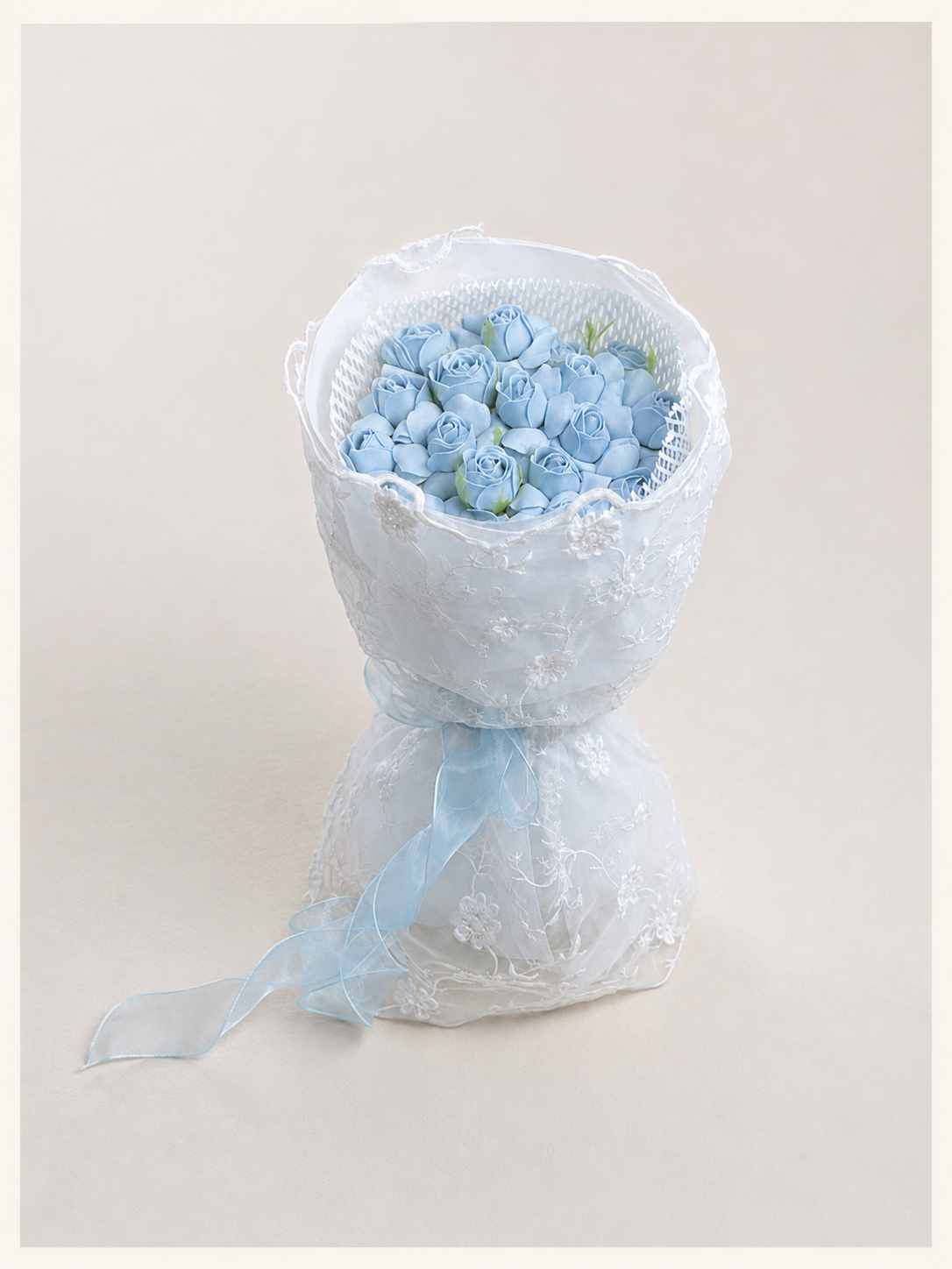Baby Blue Rose Small Bouquet, front; AI design illustration