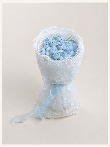 Baby Blue Rose Small Bouquet, front; AI design illustration