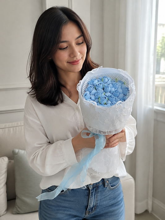 Baby Blue Rose Small Bouquet, ugc angled; AI design illustration