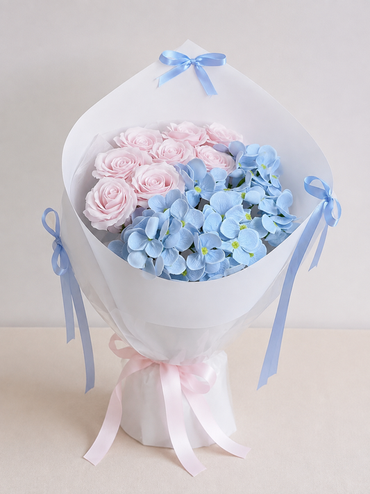 Blue Hydrangea Blush Rose Bouquet, front view; AI design illustration