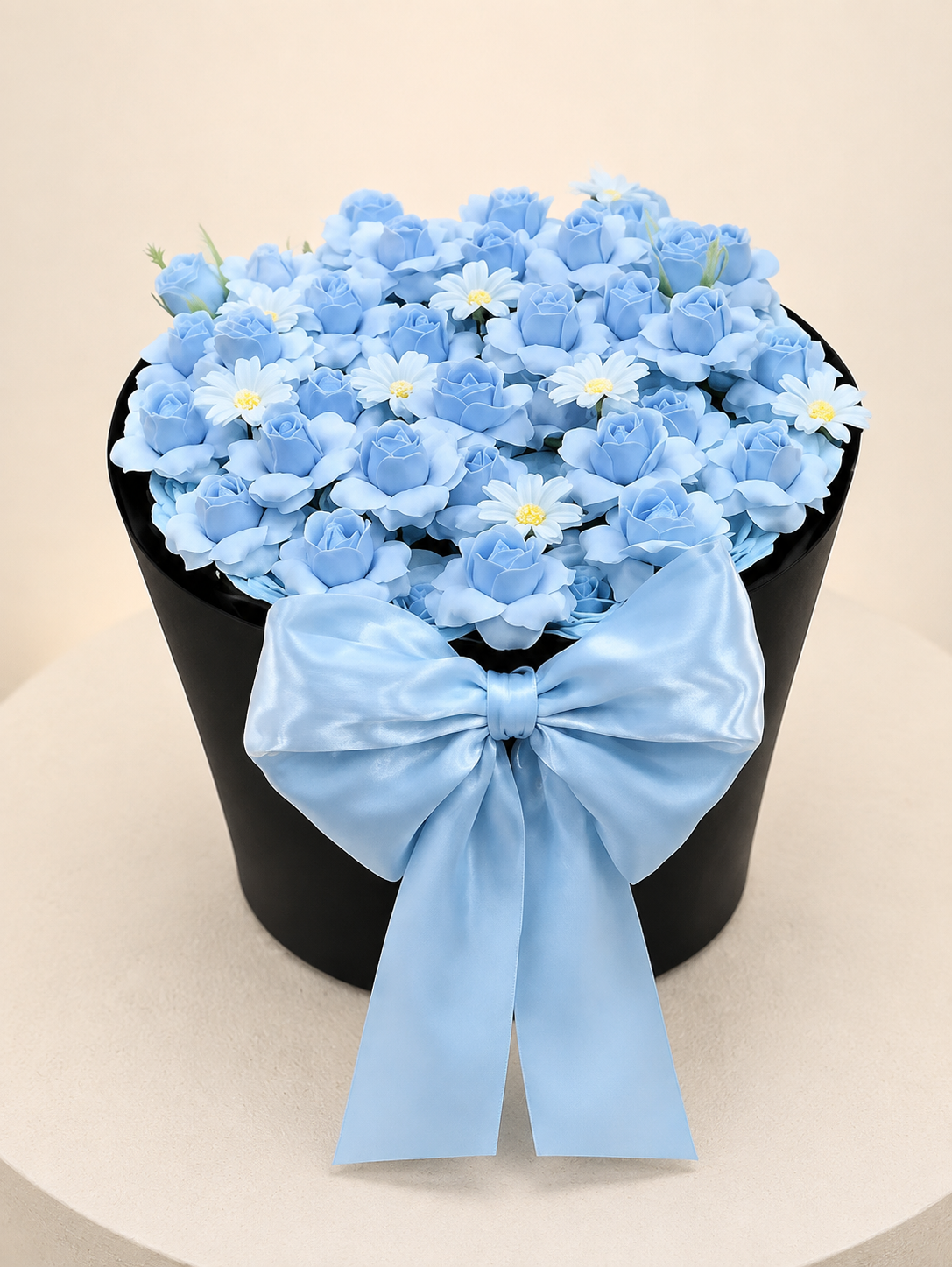 Blue Hydrangea Grand Satin Bouquet, front view; AI design illustration
