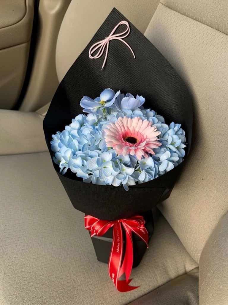Blue Hydrangea Pink Daisy Small Bouquet, Small, high-angle car-seat view; AI lifestyle illustration