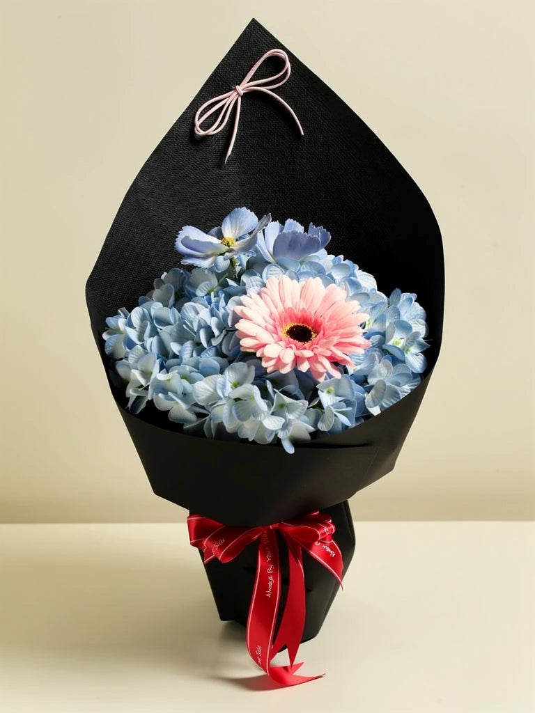 Blue Hydrangea Pink Daisy Small Bouquet, Small, front view; AI design illustration
