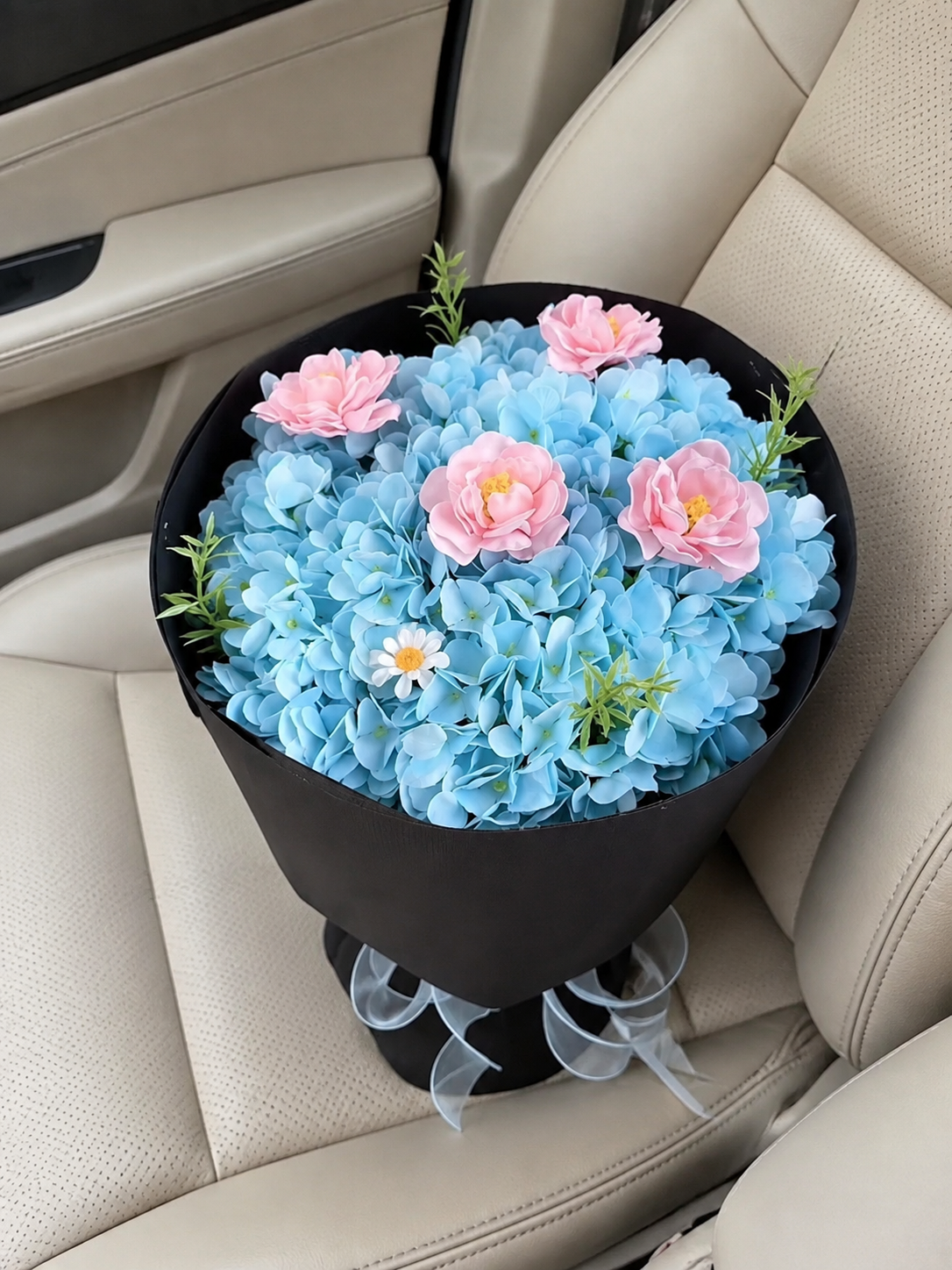 Blue Hydrangea Pink Rose Midnight Bouquet, high-angle car view; AI design illustration