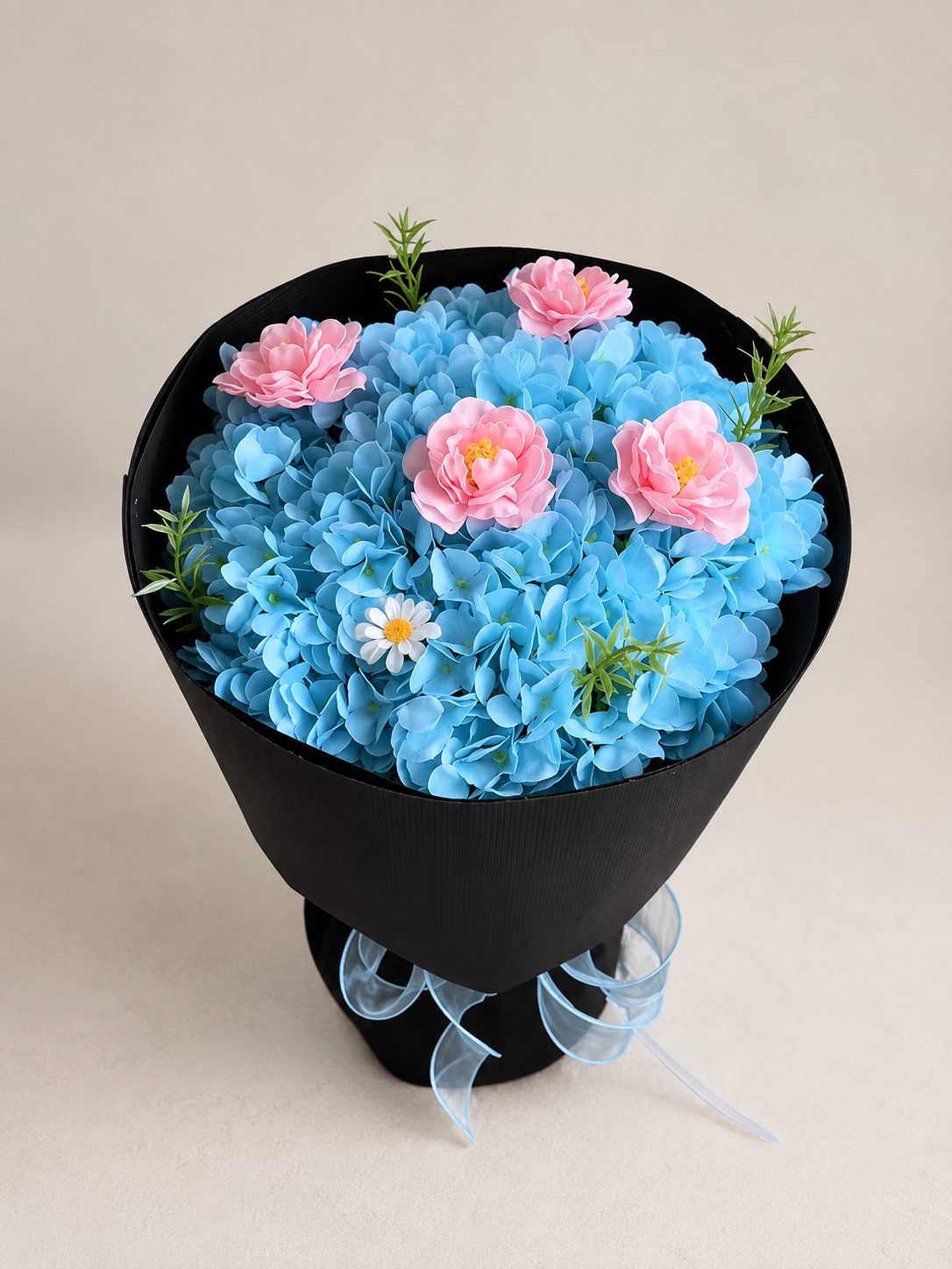 Blue Hydrangea Pink Rose Midnight Bouquet, front view; AI design illustration