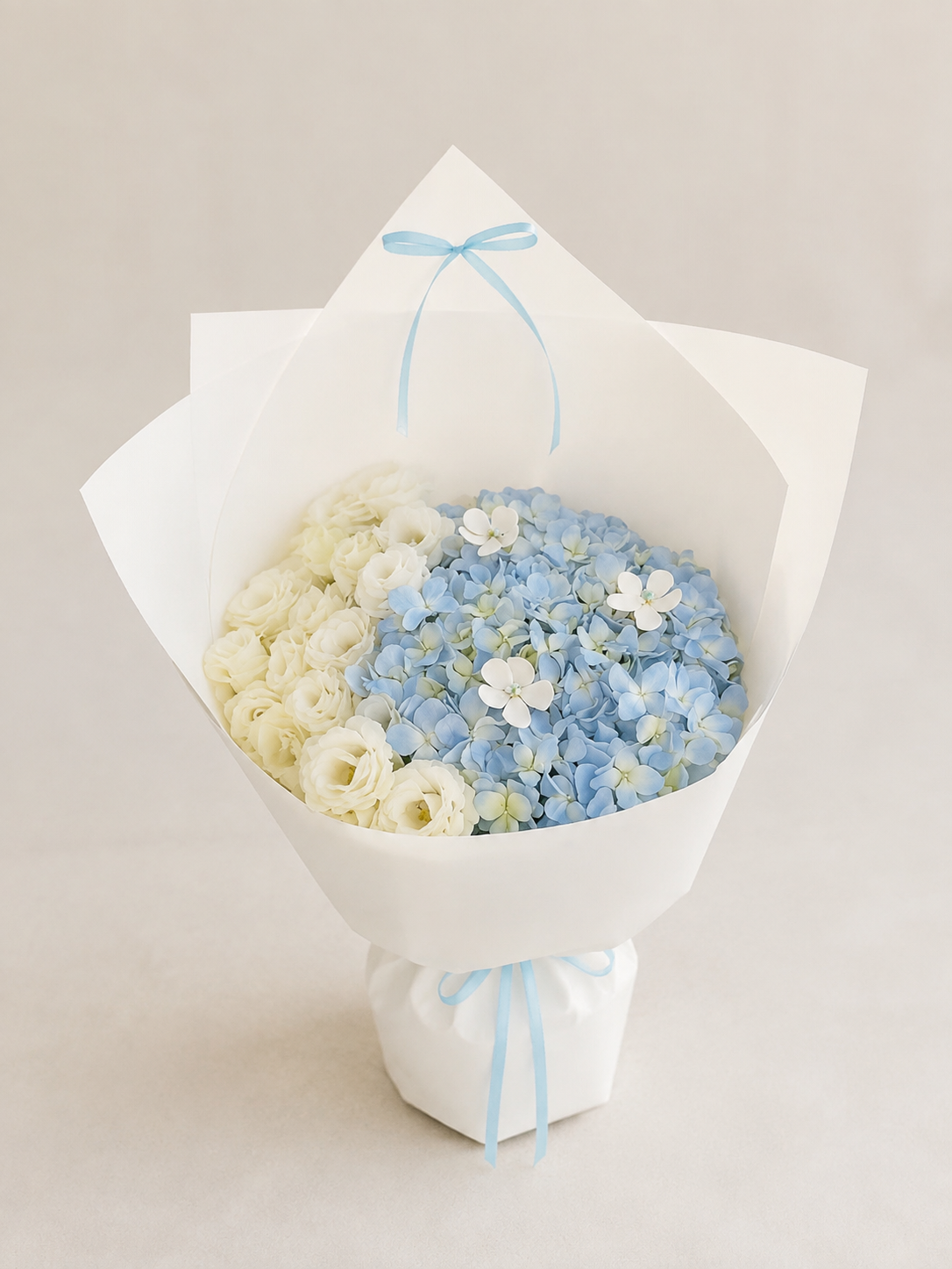Blue Ivory Hydrangea Garden Bouquet, front view; AI design illustration