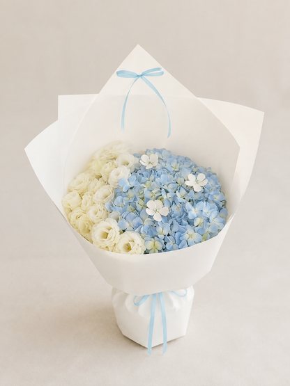 Blue Ivory Hydrangea Garden Bouquet, front view; AI design illustration