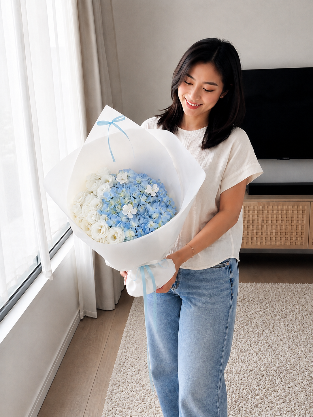 Blue Ivory Hydrangea Garden Bouquet, person-held angled view; AI design illustration